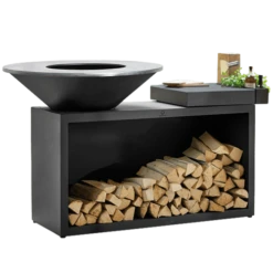 OFYR Island Black 100-100 Vuurkorf - Barbecue Met Meubel En Plank Van Donkergrijs Keramiek